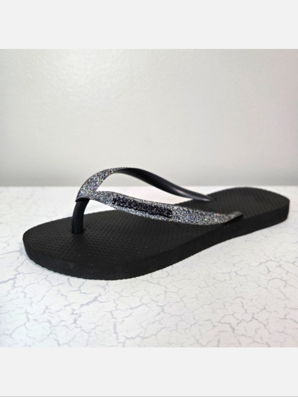 Havaianas Girls Black Slim Glitter Flip Flops, Size 33/34 ~ EUC